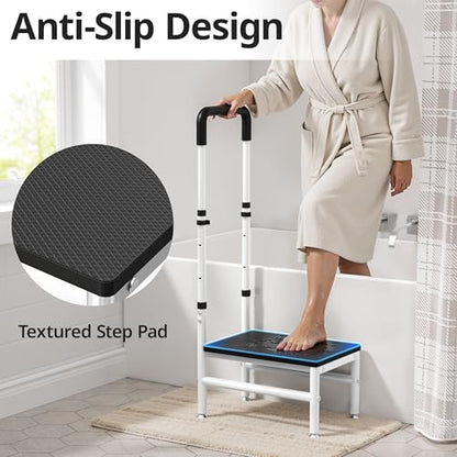 Step Stool with Handle for Adults and Seniors, Heavy Duty One Step Wooden Platform Stool with Adjustable Handrail, Wide Non Slip Footstool for Bedside, Bathroom and Home