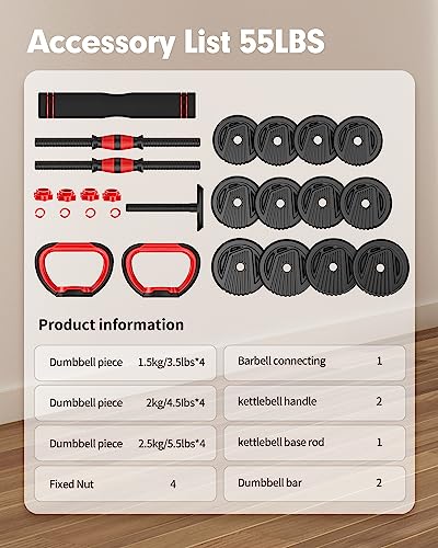 Trakmaxi Adjustable Dumbbell Set 20LBS/35LBS/55LB/70LBS/90lbs Free Weights Dumbbells, 4 in 1 Weight Set, Dumbbell, Barbell, Kettlebell, Push-up, Home Gym Fitness Workout Equipment for Men Women - color: 55LB(27.5LB Pair)