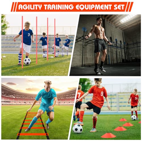 Agility Training Poles Equipment Soccer Training Equipment Includes 6 Agility Poles,Agility Ladder, 10 Soccer Cones,Jump Rope for Speed Training, Soccer Training, Basketball Athletes & Kids
