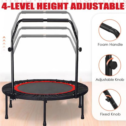 40'' Fitness Trampoline with 4 Levels Height Adjustable Foam Handle, Foldable Mini Rebounder for Adults Home Indoor Workout, 6-Leg Exercise Trampoline, Max Load 330lbs