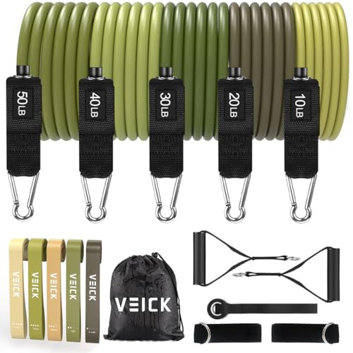 VElCK Resistance Bands Set with Handles for Exercise, Workout and Home Gym - color: Army Green, size: 10-150LBS + 5 Loop Bands