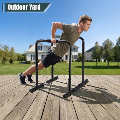OLIXIS Dip Bar, Adjustable Heavy Duty Dip Bar Station with Soft High-Density Foam Handles, Stabilizer Parallel Parallette Bar Fitness Equipment for Home, Gym, Patio, Office - Black
