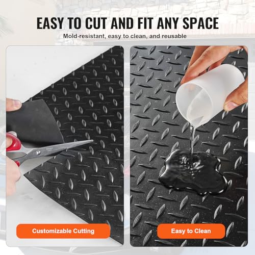 VEVOR Diamond-Plate Rubber Flooring Roll, 3 mm x 4 ft x 8 ft Floor Mat, SBR Rubber Roll, Easy to Clean, for Under Cars, Garage, Industry, Gym, Black - size: 96"L x 48"W x 0.12"Th