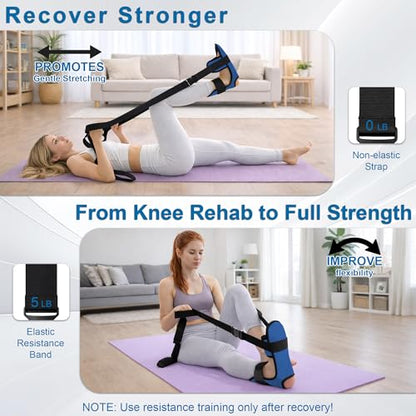 Knee Replacement Recovery Aids, Leg Stretcher Strap with Foot Cradle and Resistance Bands, Hip and Knee Exercise Equipment for Range of Motion, Post Surgery Mobility Training(Blue)