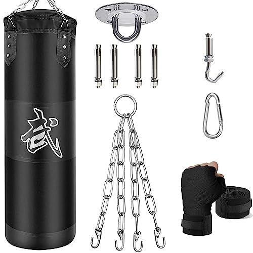 Hanging Punching Bag Set Unfilled, Heavy Boxing Bags Kickboxing Bag for Adults Kids, Youth Boxing Set with Hand Wraps, Punching Bag Hangers, for MMA Muay Thai Karate Taekwondo Training - color: Black, size: 80cm