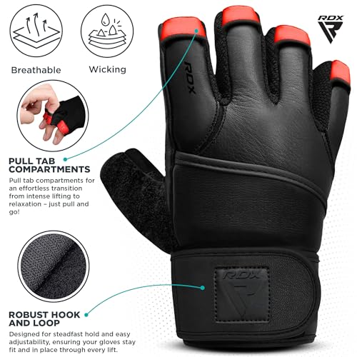 RDX Weight Lifting Gloves Gym Workout, Maya Hide Leather, 50CM Long Wrist Support, Full Palm Protection, Powerlifting Strength Training Deadlifting Bodybuilding Exercise, Ventilated Men Women Home Gym - size: Large