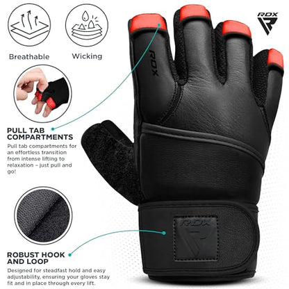 RDX Weight Lifting Gloves Gym Workout, Maya Hide Leather, 50CM Long Wrist Support, Full Palm Protection, Powerlifting Strength Training Deadlifting Bodybuilding Exercise, Ventilated Men Women Home Gym - size: Large