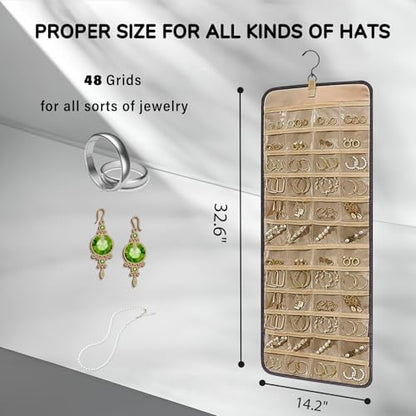 Hanging Jewelry Organizer with Hanger Metal Hooks,Wall Jewelry Holder for Earrings Necklaces Rings Bracelet,Double-Sided Closet Jewelry Storage Roll,Black