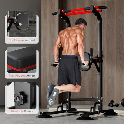 DlandHome Pull Up Bar Power Tower Dip Station, Height Adjustable Heavy Duty Workout Dip Stand, Multi-Functional Strength Training Machine for Men Women Home Gym - color: Black with Ropes