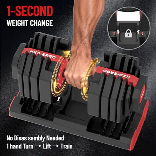 HXD-ERGO 15 in 1 Adjustable Dumbbell Weight, 1-Second Quick Change Weights, 55/110 LBS Free Weights with Anti-Slip Grip & Secure Lock, Space-Saving Home Gym Equipment for Men Women Full Body Workout - color: 55LBS, style: Single
