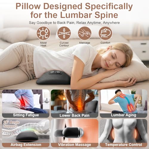 Electric Lumbar Massage Pillow, 3-in-1 Rechargeable Triple Fusion Back Massager with Heat/Vibration/Traction, Heated Lower Back Massager Pillow for Pain Relief Deep Tissue, for Bed Chair