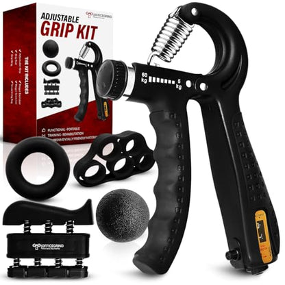 Hand Strength Kit With Finger Exerciser, Stretcher, Forearm Grip Adjustable Gripper, Exercise Ring and Stress Relief Ball for Athletes Muscle Trainer. Black