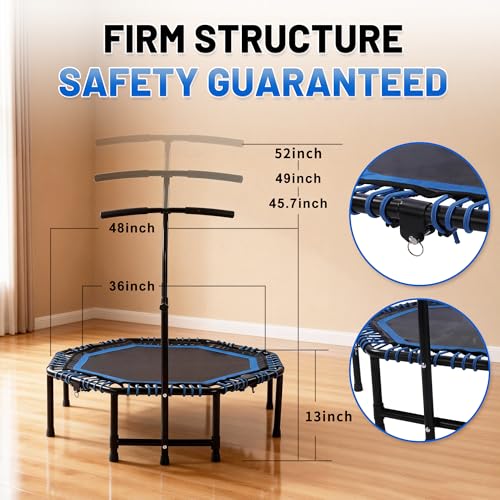 48" Mini Trampoline for Adults, Rebounder with Adjustable Handle Bar, Bungee Ropes, Indoor Outdoor,Fitness Trampoline for Home and Gym, Cardio & Strength Training