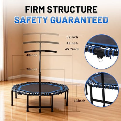 48" Mini Trampoline for Adults, Rebounder with Adjustable Handle Bar, Bungee Ropes, Indoor Outdoor,Fitness Trampoline for Home and Gym, Cardio & Strength Training