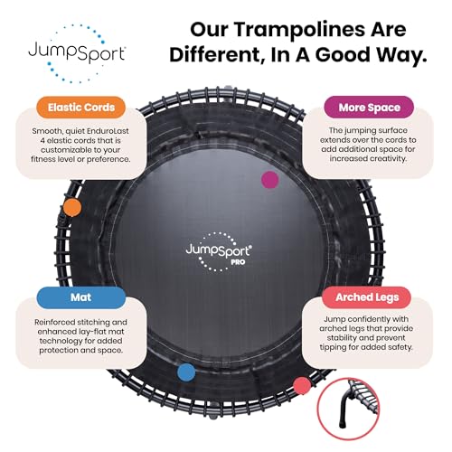 JumpSport 44" PRO Fitness Trampoline Model 530, Professional Rebounder, Adjustable Bounce, Elastic Cord System, 3-Piece Frame, Large Jump Surface, Low-Impact Cardio & Strength Training, 325lb Capacity