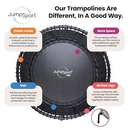 JumpSport 44" PRO Fitness Trampoline Model 530, Professional Rebounder, Adjustable Bounce, Elastic Cord System, 3-Piece Frame, Large Jump Surface, Low-Impact Cardio & Strength Training, 325lb Capacity
