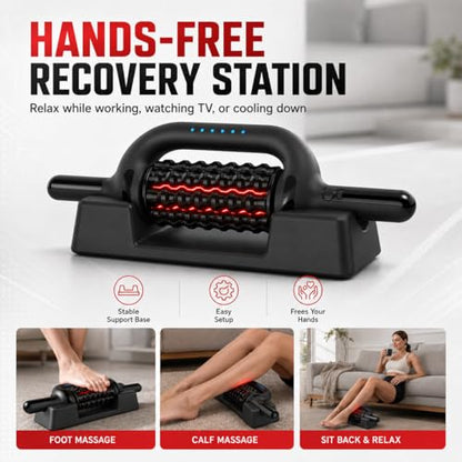 630nm Red Light Electric Rolling Massager with Hands-Free Base, 6-Speed Cordless Muscle Roller for Legs, Feet, Calves, Thighs & Back, Wide Massage Roller Stick for Post Workout Recovery (Black)