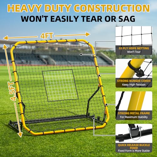 Baseball Rebounder Net, 4x4.5FT Volleyball Pitchback with 3 Adjustable Angles, Baseball & Softball Bounce Back Net for Ground, Line Drive, Fly Ball Return Settings Fielding Trainer