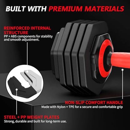 Adjustable Dumbbell Set Pair 25 lb or 50 lb, Adjustable Dumbbells 10-in-1 Free Weight Set, 1-Second Dial Weight Adjustment,Space-Saving Design with Storage Base, Home Gym Strength Training Equipment