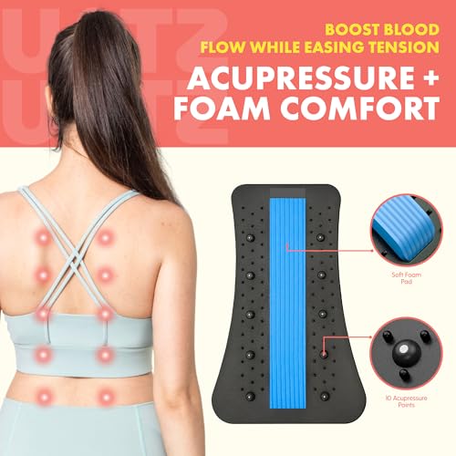 Lower Back Stretcher Device, Ergonomic Lumbar Support Back Massager, Multi-Level Traction, Foam Cushion with Pressure Points, 30-Day Digital Workout Program, for Home, Gym, Car & Yoga Mat Use