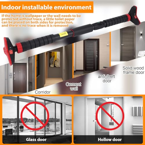 Adjustable Pull Up Bar for Doorway - 440LBS Weight Capacity, No Screws Installation with Level Meter and Auto Lock, Chin Up Bar for Home Gym Strength Training,Red Triple