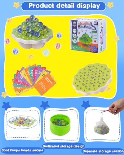 Wooden Marble Balance Game for Kids 6+ and Adults, Wobble Stacking Board 1–4 Players Family Game, 68 Glass Marbles, Dice, Challenge Cards, Party & Travel Game