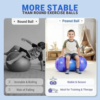 PlayZap Peanut Ball for Kids Youths Adults, Exercise Ball Stable Anti-Burst for Physical Therapy & Balance & Core Training, Non-Slip Yoga Ball Chair, Includes Pump (45cm/50cm)