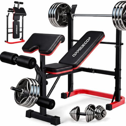 OPPSDECOR Foldable Weight Bench Set with Squat Rack and Preacher Curl Pad - color: Scarlet
