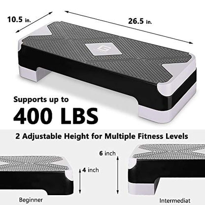 Adjustable Workout Aerobic Stepper, Aerobic Exercise Step Platform with 2 Risers, Exercise Step Deck for Fitness, 26.5" Trainer Stepper with Non-Slip Surface Home Gym & Extra Risers Options - color: Gray&Black