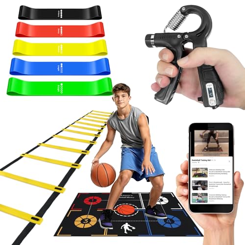 Basketball Training Equipment, Agility Footwork Training Mat, Dribble Trainer, Basketball Practice Aids with Training Mat, Agility ladder, Grip Strengthener, Resistance Bands