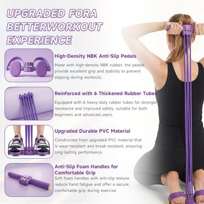 Pedal Resistance Bands with Handles, Adjustable 6-Tube Foot Pedal Resistance Band, Heavy-Duty Natural Rubber Tension Bands for Full Body Workout, Home Fitness Training for Abdomen, Arms, Legs & Waist
