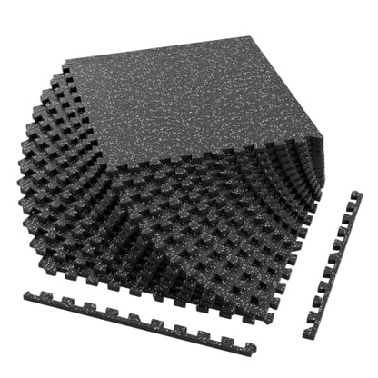 Giantex 12-Pack Interlocking Rubber Gym Floor Mats, 0.55'' Thick 24''x24'' Puzzle Tiles with Border Strips, 48 sq.ft Anti-Slip, Noise-Reducing Flooring for Home Workout Exercise (Black/Gray Speckled) - size: 0.55'' | 12 Tiles | 48 Sq Ft