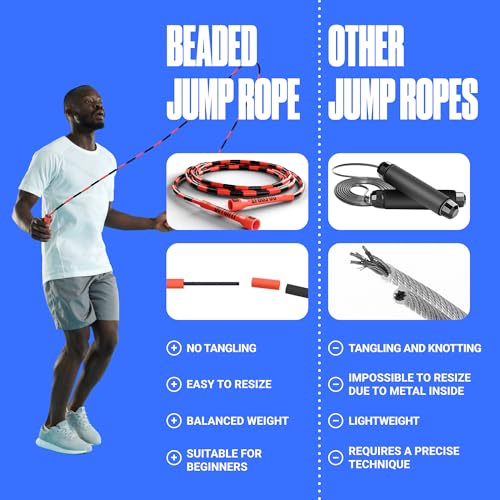 Sportbit Custom-Fit Beaded Jump Rope – Adjustable Length for Kids & Adults, Men & Women – Durable Fitness Rope for Gym & Home - color: Black/Red