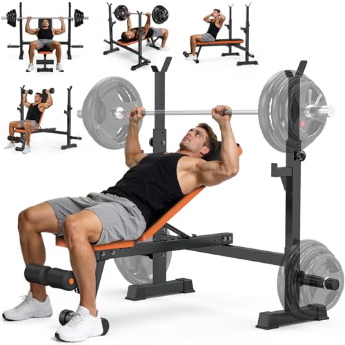 Adjustable Weight Bench with Squat Rack, 770lbs Heavy Duty Olympic Bench Press for Home Gym, Multi-Function Flat Incline Workout Bench Family Strength Training with Removable Foot Catch
