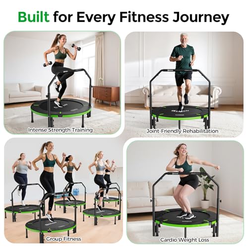 BCAN SP3 40/48" Exercise Rebounder Trampoline for Adults, Handlebar, Indoor - color: 40IN-U-Handle-Green