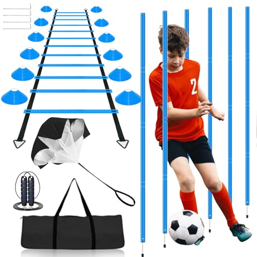 Speed & Agility Training Equipment-20ft Agility Ladder, 6 Poles, 12 Soccer Cones, Resistance Parachute, Jump Rope, Soccer Football Basketball Sport Training Set for Kids Youth Adults - color: Blue