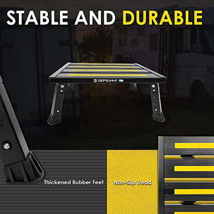 Adjustable Height Aluminum RV Step, Stable Foldable Platform Step Stool, Supports Up to 1,000 lb, Non-Slip Rubber Feet and Platform Mat, Easy to Carry (Black)