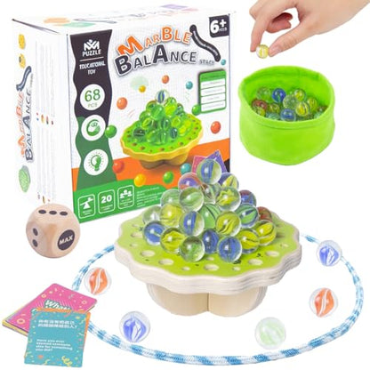 Wooden Marble Balance Game for Kids 6+ and Adults, Wobble Stacking Board 1–4 Players Family Game, 68 Glass Marbles, Dice, Challenge Cards, Party & Travel Game