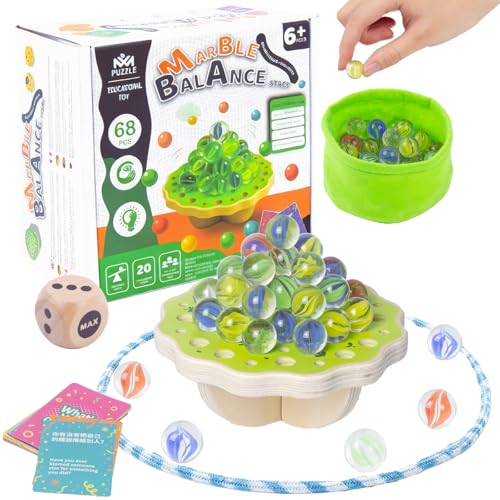 Wooden Marble Balance Game for Kids 6+ and Adults, Wobble Stacking Board 1–4 Players Family Game, 68 Glass Marbles, Dice, Challenge Cards, Party & Travel Game