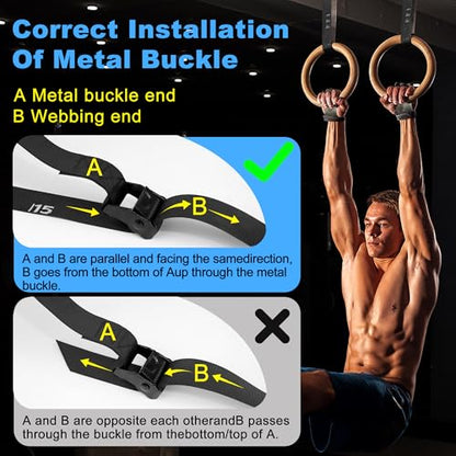 ZILLEEN Wooden Gymnastics Rings 1.25" Olympic Rings with Adjustable Straps for Pull Up Bar Exercise Men Gym Kids