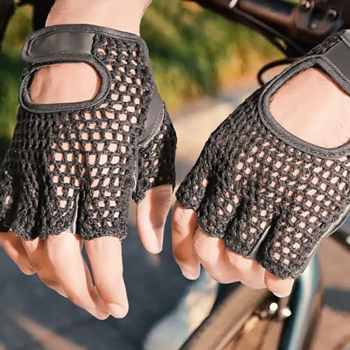 Leather Padded Crochet Back Breathable Fingerless Weight Lifting, Cycling Workout Gloves, Black (Large)