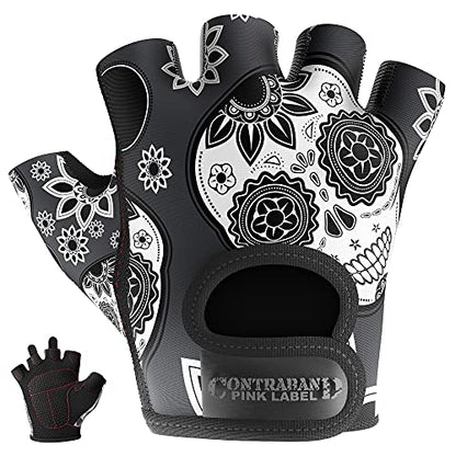 Contraband Pink Label 5237 Womens Designer Workout Gloves | Sugar Skull Print w/Grip-Lock™ Padding (Gray, X-Small) - color: Gray, size: X-Small