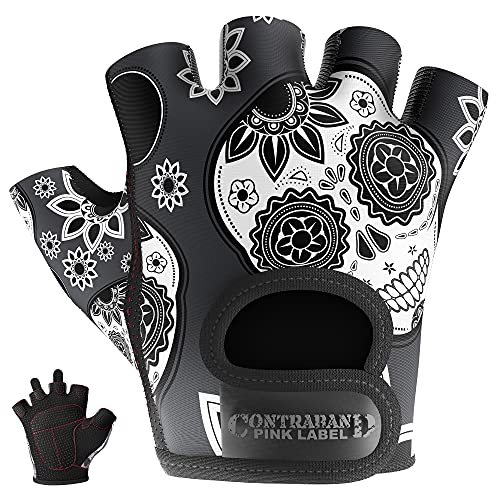Contraband Pink Label 5237 Womens Designer Workout Gloves | Sugar Skull Print w/Grip-Lock™ Padding (Gray, X-Small) - color: Gray, size: X-Small