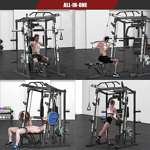 SunHome Smith Machine, Power Cage Squat Rack with Smith Bar, LAT Pull-Down Systems, Cable Crossover Machine and Cable Attachment for Home Gym