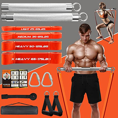 DASKING Resistance Band Bar Set for Home Gym, 500LB Total Resistance with Longer Bar & 4 Stackable Bands, Detachable for Full Body Workouts, Door Anchor, Exercise Guide - style: 75CM/29.5” Length