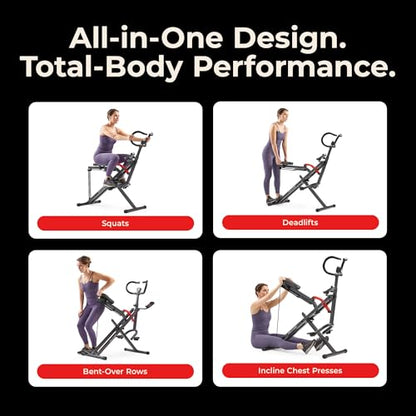 Sunny Health & Fitness Smart Heavy Duty Row-N-Ride, Squat Assist Trainer for Full Body Workout, 350 LB Capacity, 5-Level Resistance, Padded Seat, and Free SunnyFit App Connection – NO. 077PLUSSMART