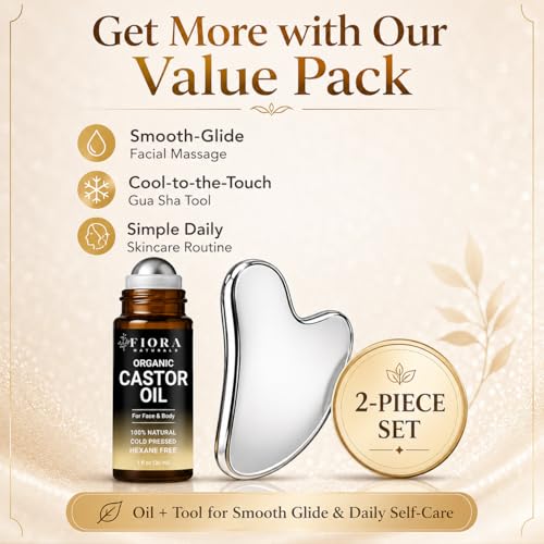 Organic Castor Oil Roll On & Stainless Steel Gua Sha Facial Tool – Metal Face Sculpting Tool, Cooling Gua Sha Oil Massage Set, Jawline Lift, Puffiness Care, Facial Oil Roller for Skin Routine - size: 1 Fl Oz (Pack of 1)