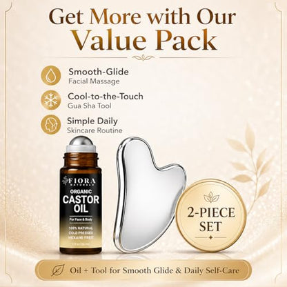 Organic Castor Oil Roll On & Stainless Steel Gua Sha Facial Tool – Metal Face Sculpting Tool, Cooling Gua Sha Oil Massage Set, Jawline Lift, Puffiness Care, Facial Oil Roller for Skin Routine - size: 1 Fl Oz (Pack of 1)