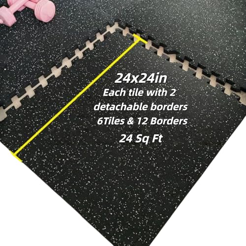 Interlocking Rubber Gym Mats 24 Sq Ft Heavy Duty Exercise Flooring for Home Gym, Weightlifting, Yoga, Playroom - Dual-Layer Non-Slip Noise Reducing Floor Protection Tiles - size: 24 Sq Ft (6 Tiles)