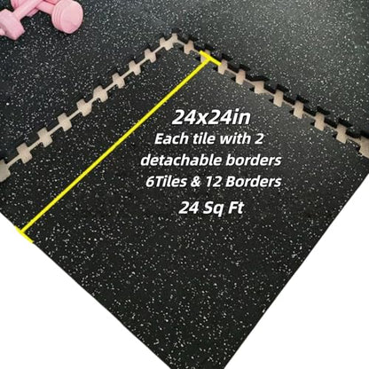 Interlocking Rubber Gym Mats 24 Sq Ft Heavy Duty Exercise Flooring for Home Gym, Weightlifting, Yoga, Playroom - Dual-Layer Non-Slip Noise Reducing Floor Protection Tiles - size: 24 Sq Ft (6 Tiles)